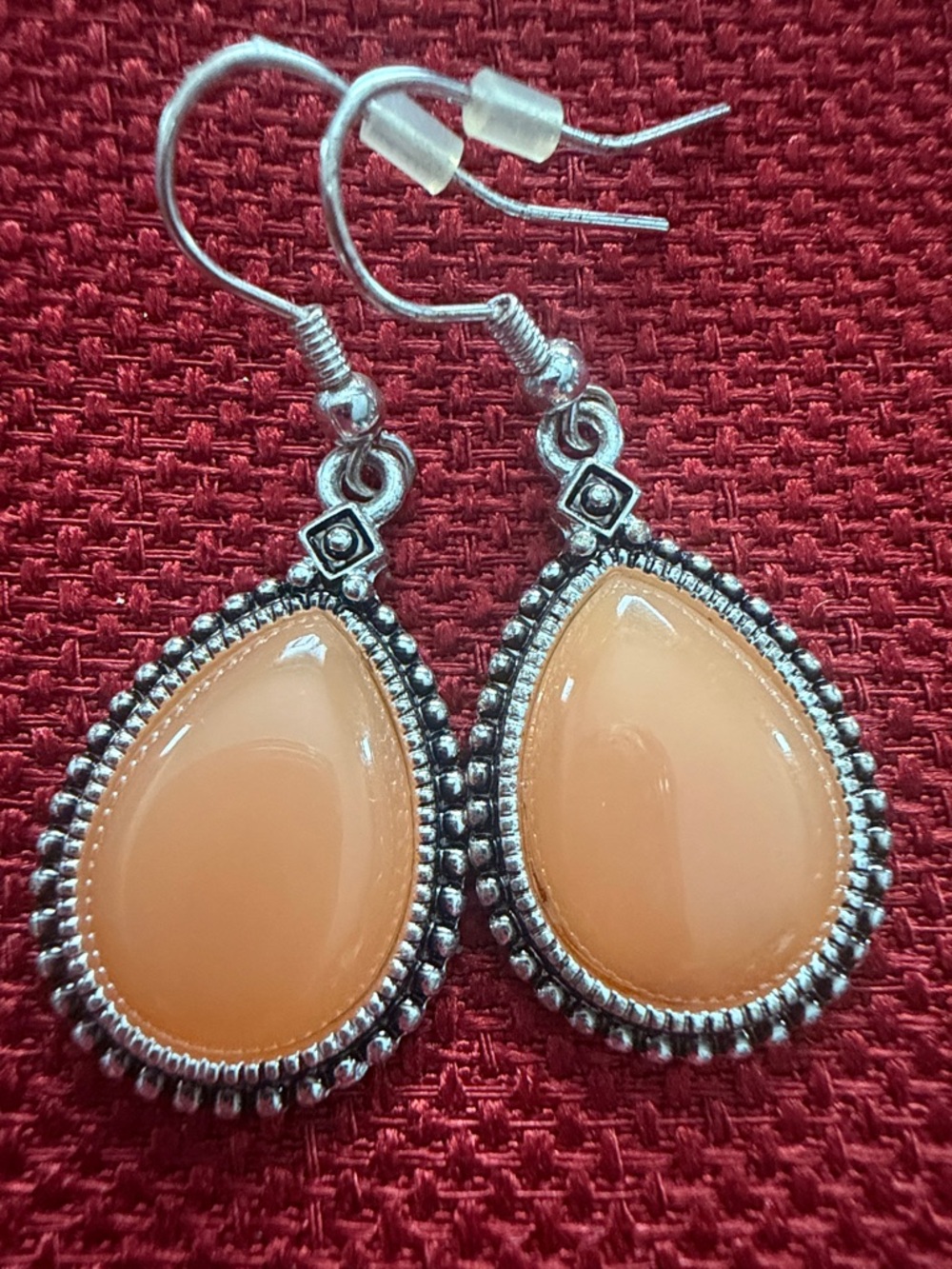 Peach Teardrop Dangle Earrings with Silver Bezel - Picture 4 of 4